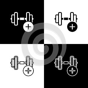 Set Dumbbell icon isolated on black and white background. Muscle lifting, fitness barbell, sports equipment. Vector