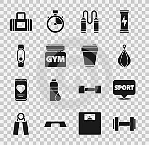 Set Dumbbell, Location gym, Punching bag, Jump rope, Sports nutrition, Smartwatch, and Fitness shaker icon. Vector