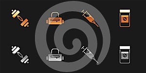 Set Dumbbell, Sport bag, Doping syringe and Anabolic drugs icon. Vector