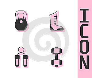 Set Dumbbell, Weight, Jump rope and Sport boxing shoes icon. Vector