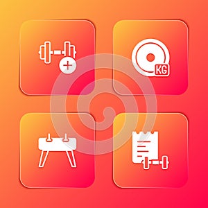 Set Dumbbell, Weight plate, Pommel horse and Sport training program icon. Vector