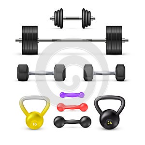 Set of dumbbells barbells and weight. Fitness and bodybuilding equipment. Vector elementrs