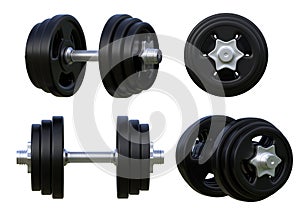 Set of dumbbells with black plates isolated on white background