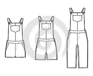 Set of Dungarees Denim overall jumpsuit dress technical fashion illustration with knee mini length, high rise, Rivets.