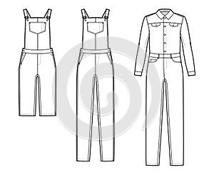 Set of Dungarees Denim overall jumpsuit technical fashion illustration with full knee length, high rise, pockets, Rivets