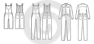 Set of Dungarees Denim overall jumpsuit technical fashion illustration with full knee length, normal waist, high rise