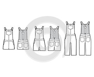 Set of Dungarees Denim overall jumpsuit technical fashion illustration with knee mini length, normal waist, high rise