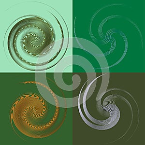 set of duotone curly, coil, gyration volute shapes. twine vortexes rotating in concentric, radial, radiating and circular,