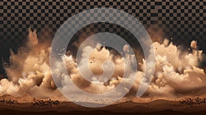 Set of dust clouds isolated on transparent background. Modern realistic illustration of desert sand storm effect, brown