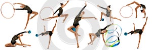 Set of dynamic portraits of professional female rhythmic gymnast in motion, action isolated over white background