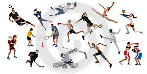 Set of dynamic portraits of young people and children doing different sports, training isolated over white studio