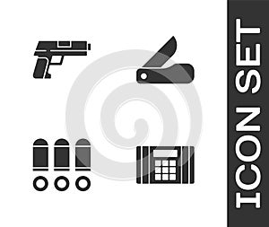 Set Dynamite bomb, Pistol or gun, Bullet and Swiss army knife icon. Vector