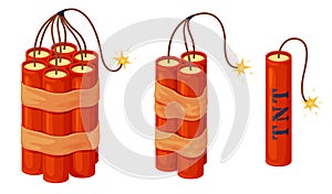 Set of dynamite and explosives with burning wick. Dangerous explosives. Vector illustration on white background.