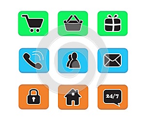 set of e-commerce icon web button icons contact symbol collection black and white on blue green and orange button phone mail life