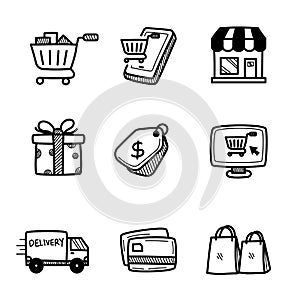 Set of e-commerce icons with cute doodle style