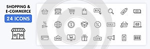 Set of 24 E-commerce and shopping web icons in line style. Mobile Shop, Digital marketing, Bank Card, Gifts. Vector illustration