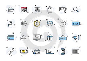 Set of 24 E-commerce and shopping web icons in line style. Mobile Shop, Digital marketing, Bank Card, Gifts. Vector illustration