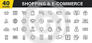 Set of 40 E-commerce and shopping web icons in line style. Mobile Shop, Digital marketing, Bank Card, Gifts. Vector illustration photo