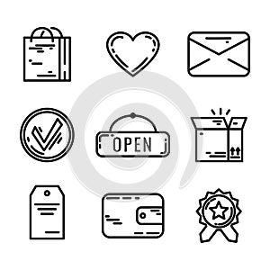 Set of 9 E-commerce and shopping web icons in line style. Vector illustration