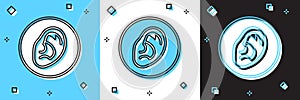 Set Ear listen sound signal icon isolated on blue and white, black background. Ear hearing. Vector