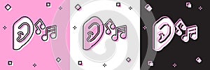 Set Ear listen sound signal icon isolated on pink and white, black background. Ear hearing. Vector