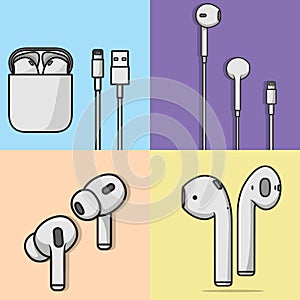 Set of ear pots,cable and handfree vector illustration