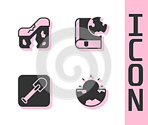 Set Earth core structure crust, Geological fault, Shovel and globe and book icon. Vector