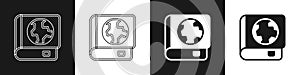 Set Earth globe and book icon isolated on black and white background. World or Earth sign. Global internet symbol