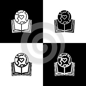 Set Earth globe and book icon isolated on black and white background. World or Earth sign. Global internet symbol. Geometric