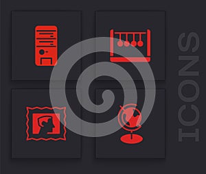 Set Earth globe, Computer, Pendulum and Postal stamp icon. Vector