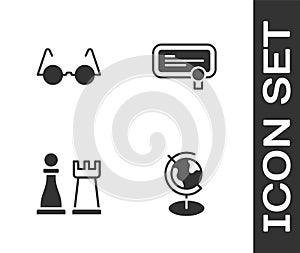 Set Earth globe, Eyeglasses, Chess and Certificate template icon. Vector