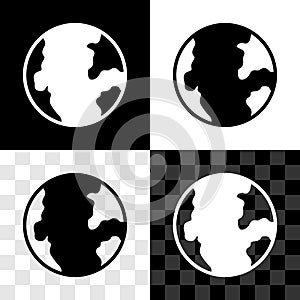 Set Earth globe icon isolated on black and white, transparent background. World or Earth sign. Global internet symbol