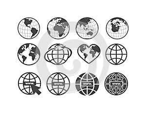 Set of earth globe icons in flat and linear design on a white background