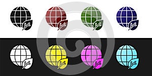 Set Earth globe and leaf icon isolated on black and white background. World or Earth sign. Geometric shapes