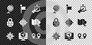 Set Earth globe, Location marker, Compass, Wind rose, Monitor with location, Route, the and World compass icon. Vector