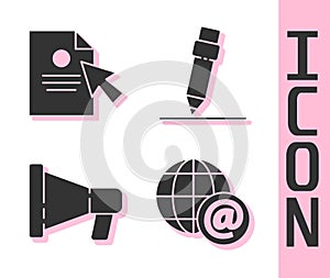 Set Earth globe with mail, Document and cursor, Megaphone and Pencil with eraser icon. Vector