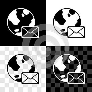 Set Earth globe with mail and e-mail icon isolated on black and white, transparent background. Envelope symbol e-mail