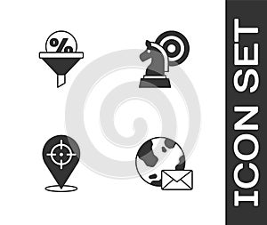 Set Earth globe with mail, Lead management, Target and Chess icon. Vector