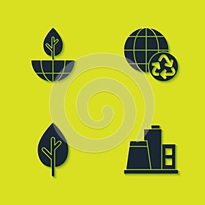 Set Earth globe and plant, Factory, Tree and Planet earth recycling icon. Vector