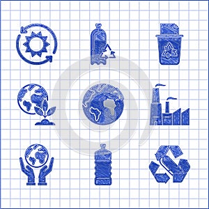 Set Earth globe, Plastic bottle, Recycling plastic, Factory, Human hands holding, plant, Recycle bin with recycle symbol