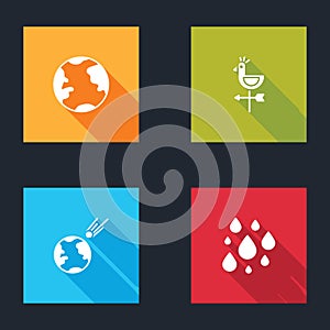 Set Earth globe, Rooster weather vane, Comet falling down fast and Water drop icon. Vector