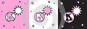 Set Earth globe and sun icon isolated on pink and white, black background. World or Earth sign. Global internet symbol