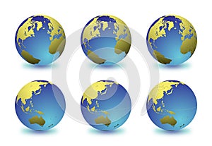 Set of Earth globes from variant views on white background