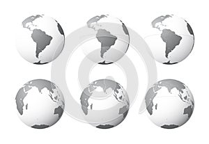 Set of Earth globes from variant views on white background
