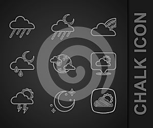Set Earth planet with clouds, Moon and stars, Weather forecast, Location, Storm, Cloud rain moon, Rainbow and icon