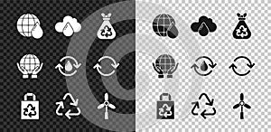 Set Earth planet in water drop, Cloud with rain, Garbage bag recycle, Paper, Recycle symbol, Wind turbine, Hands holding