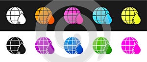 Set Earth planet in water drop icon isolated on black and white background. World globe. Saving water and world