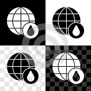Set Earth planet in water drop icon isolated on black and white, transparent background. World globe. Saving water and