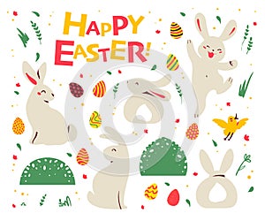 Set of Easter bunny characters sit, smile, jump and yellow little bird, easter eggs, floral elements isolated on white background.