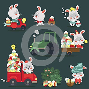 Set of Easter bunny drive car with truck, decorated eggs hunter holding full basket, cute white rabbit auto driver
